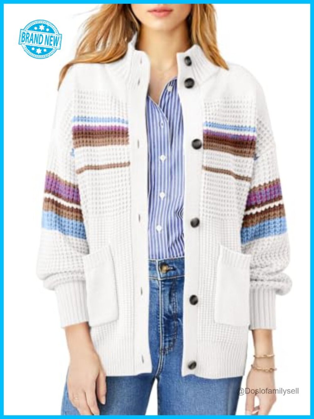 Womens Cardigan Sweater Rainbow Striped Cable Knit Open Front Fall
